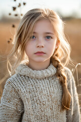 Sticker - A young girl with long blonde hair standing in a field.