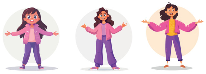 Poster - Girl with purple hair standing on white background. Happy female character, teen or student in casual clothes. Modern cartoon illustration.