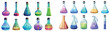 © Mark - A set of transparent and filled with colored liquid laboratory flasks pictured in a realistic modern illustration. Lab equipment and science glassware.
