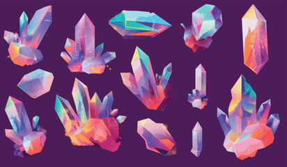 Poster - Blue diamond and ice crystals isolated on black background. Red ruby, purple amethyst, green emerald minerals, fantasy treasure cave design elements.