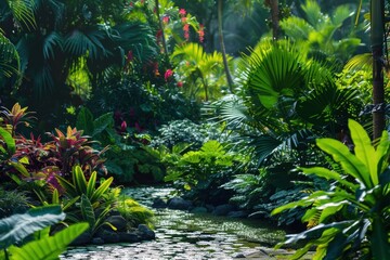 A serene botanical garden featuring an array of lush, exotic plants with vibrant foliage in different shapes and sizes