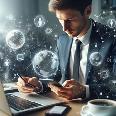 businessman hand touching smartphone and laptop