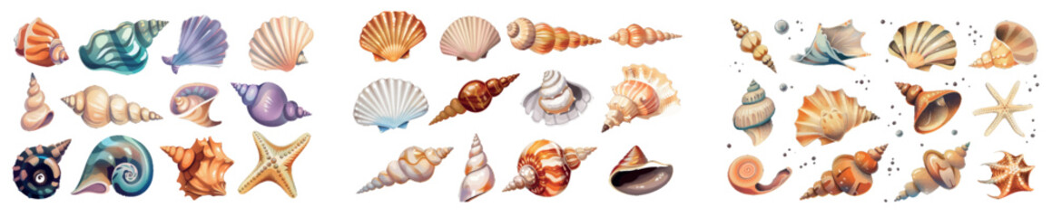 Poster - Isolated cartoon set of seashells on black background. Illustration of marine beach or aquarium seabed design elements - oyster shells with pearls, mollusks, snails, jewelry souvenirs.