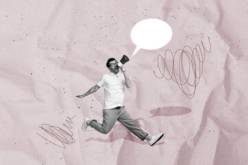 Sticker - Trend artwork sketch image photo collage of speech bubble textbox mind cloud black white man run hold hand loudspeaker chat text say talk