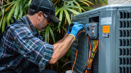 Wall Mural - A man is working on an air conditioner