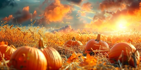 Wall Mural - Ripe Pumpkins in a Field at Sunset During Autumn Harvest