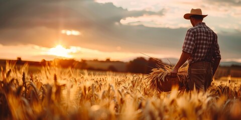 Wall Mural - Farmer Walking Through Wheat Field at Sunset During Harvest