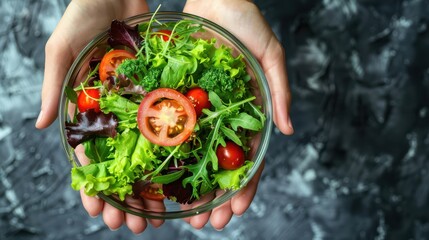 Wall Mural - A person is holding a bowl of salad with tomatoes and lettuce