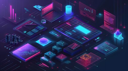 A creative studio where users design applications and automate processes using low-code/no-code platforms, featuring drag-and-drop interfaces and interactive digital elements