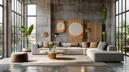 Wall Mural - Spacious modern interior design with stylish furniture, large windows, and decorative lighting, on a wooden and concrete background. copy space for text.