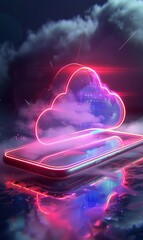 Wall Mural - Futuristic technology concept, cloud computing concept. Phone with technological interface and clouds. On dark background.