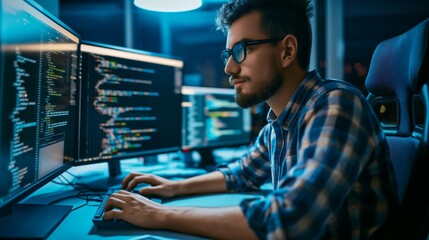 Young Handsome Software Developer Working on Computer in a Technological Laboratory Environment