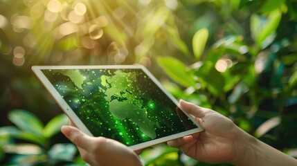 Wall Mural - A person is holding a tablet with a green screen showing a map of the world