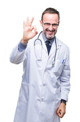 Sticker - Middle age senior hoary doctor man wearing medical uniform isolated background smiling positive doing ok sign with hand and fingers. Successful expression.