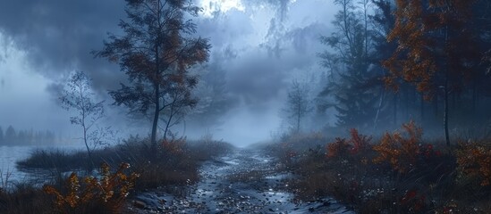 Wall Mural - Misty Forest Path Under a Cloudy Sky