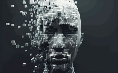 Wall Mural - abstract digital human face made out of cubes on black background. artificial intelligence and cyber