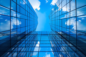 looking up view of a tall building with glass windows