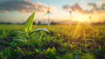 Wall Mural - A small green plant is growing in a field with a sunset in the background