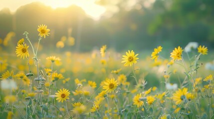 Wall Mural - Sunlit Meadow of Yellow Wildflowers