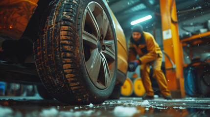 Wall Mural - In a car service, a technician is passionate about replacing tires, focusing on ensuring maximum safety for the driver and the vehicle.
