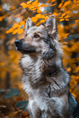 Poster - A dog is sitting in the woods with leaves