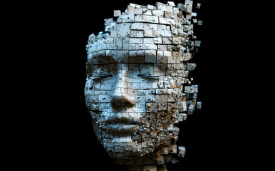 Wall Mural - abstract digital human face made out of cubes on black background. artificial intelligence and cyber