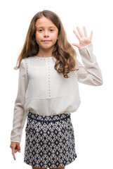 Canvas Print - Brunette hispanic girl showing and pointing up with fingers number five while smiling confident and happy.