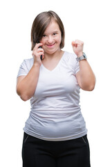 Sticker - Young adult woman with down syndrome taking using smartphone over isolated background screaming proud and celebrating victory and success very excited, cheering emotion