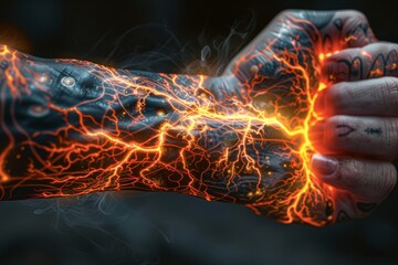 Sticker - Arm with electric energy powerful and dynamic digital illustration with vibrant glowing effects