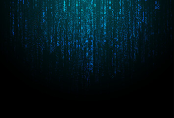 Vector blue digital code rain in a matrix inspired futuristic style. High-tech backdrop with glowing binary characters