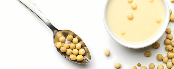 Wall Mural -  close-up view of a spoon filled with soybeans and a bowl of soy milk on a white background