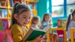 © Daria Lukoiko - A smiling young girl deeply involved in her book in a colourful classroom, with other children in the background, highlighting the cheerful and encouraging atmosphere of early childhood education