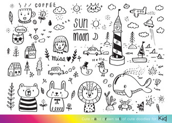 Wall Mural - Collection of hand drawn cute doodles,Doodle children drawing,Sketch set of drawings in child style,Funny Doodle Hand Drawn,Page for coloring, cute animal hand drawn, cute Doodle