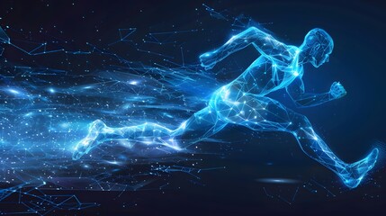 Wall Mural - blue glowing wireframe hologram of an athlete running on dark blue background concept for sport tech