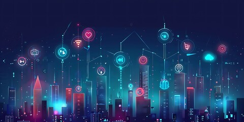 Wall Mural - A cityscape at night with glowing social media icons connected to each other, symbolizing the impact and influence on society through technology and online communication.