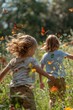 © Alisa - Two children joyfully chasing butterflies in a vibrant flower field, capturing the essence of carefree childhood and nature exploration.