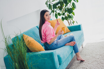 Poster - Photo of cute attractive girl dressed pink shirt drinking coffee eating snacks indoors house apartment room