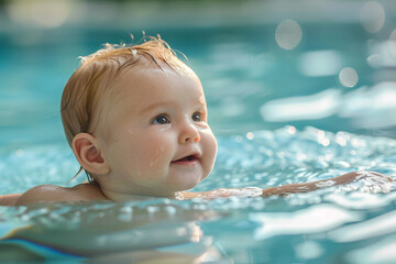 AI generated portrait of cute adorable newborn baby swimming in water