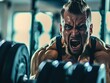 © Muhawaii - Strong, powerful athlete lifting weights, muscular build, intense expression, gym environment, strength training