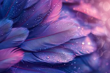 Wall Mural - close up of beautiful purple and blue feather texture background, macro photography, copy space conc