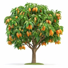 Realistic Papaya Tree with Ripe Fruit, Detailed Botanical Illustration Isolated on White Background