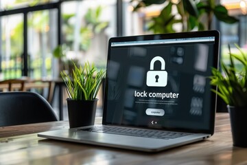 A laptop computer sits on a wooden table with a padlock icon on the screen, indicating the device is locked. Green plants are visible on either side of the laptop.