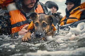 A Pet Dog rescued on flood by people in life jackets.