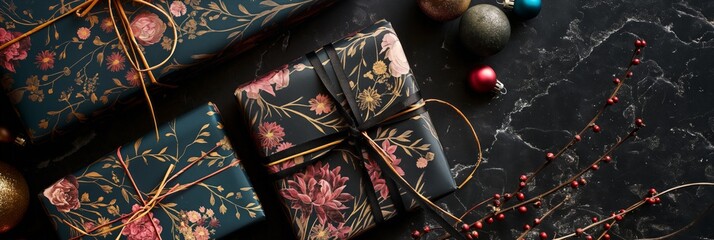 Wall Mural - Elegant gift wrapping with natural decorations on a dark background.