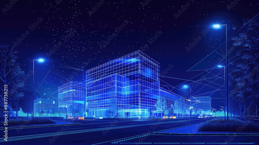 Futuristic Digital Construction Building Blueprint with Neon Blue ...