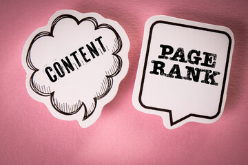 Wall Mural - conctent and page rank. two speech bubbles with text on a pink background