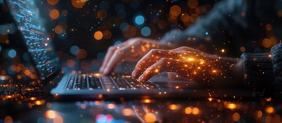 Coding With Sparks: A Person Typing on Laptop With Sparkly Hands