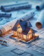 © dip - A small house model on on construction blueprints with architectural drawing lines, symbolizing home construction and real estate design
