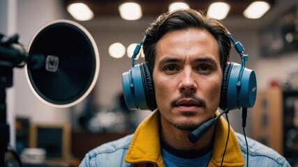 A man wearing a headset and speaking into a microphone, set in a recording studio environment with professional equipment.
