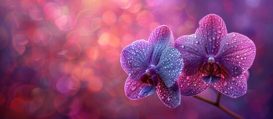 Wall Mural - Purple Orchids with Water Drops on a Pink Bokeh Background